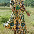 Women's Beautiful Vintage Ethnic Floral Art Print Long-sleeved Dress