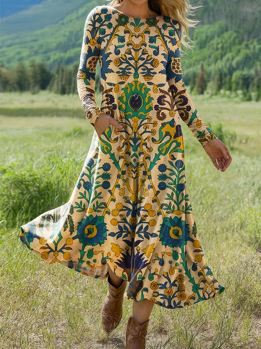 Women's Beautiful Vintage Ethnic Floral Art Print Long-sleeved Dress