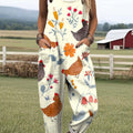 Women's Lovely Chicken Floral Art Print Casual 100% Cotton Wide Leg Jumpsuit