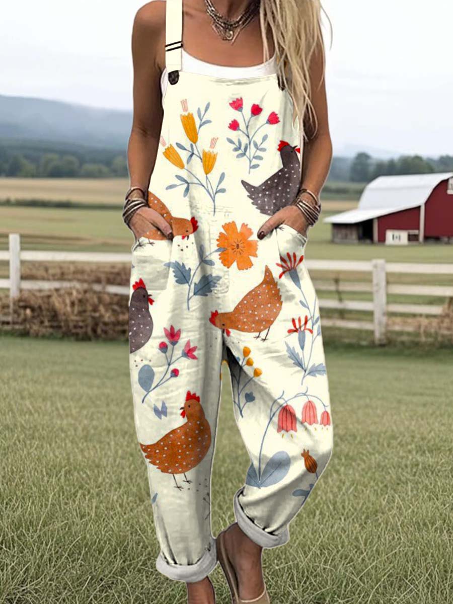 Women's Lovely Chicken Floral Art Print Casual 100% Cotton Wide Leg Jumpsuit