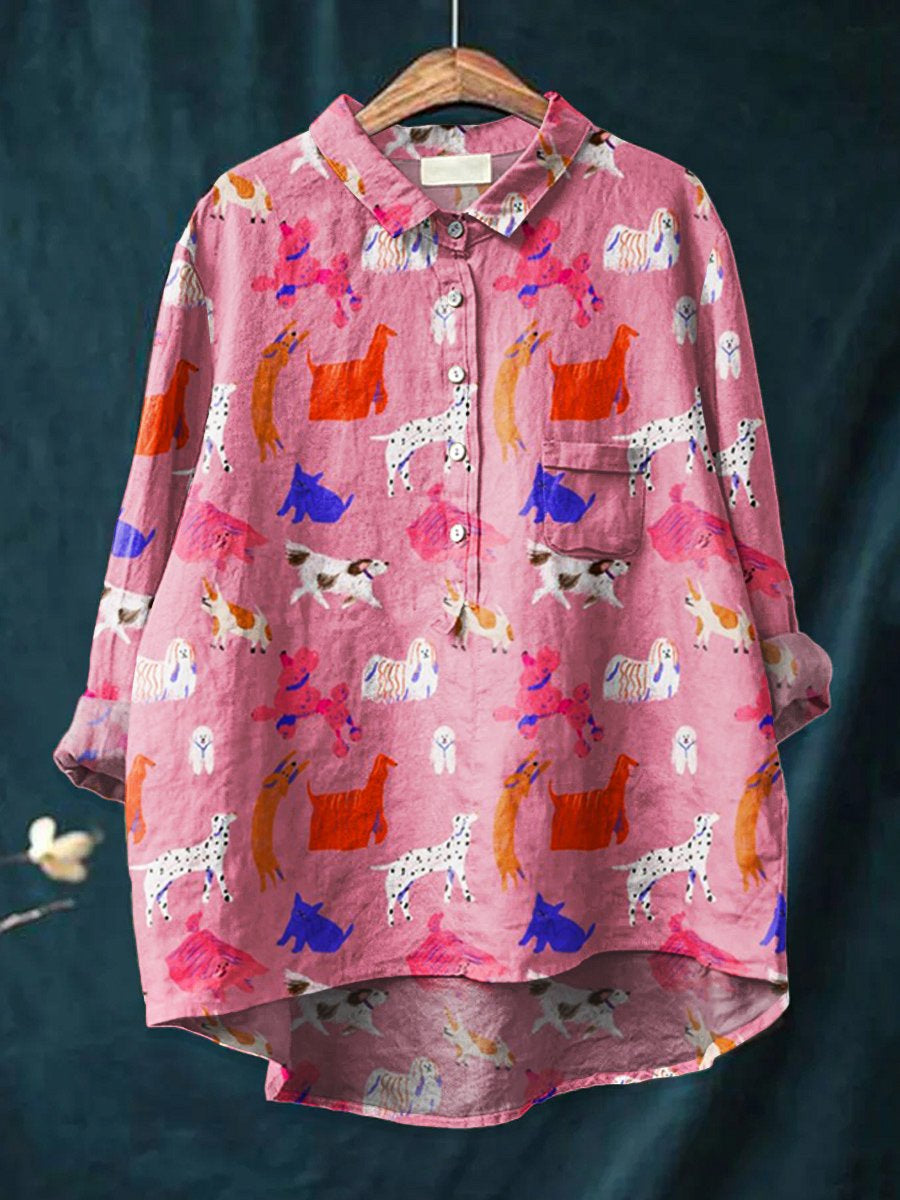 Women's Dog Art Print Casual Cotton And Linen Shirt