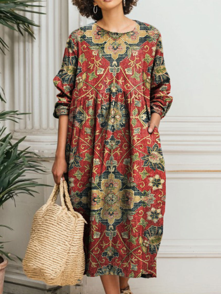 Women's Vintage Flower Art Print Pocket Cotton Dress