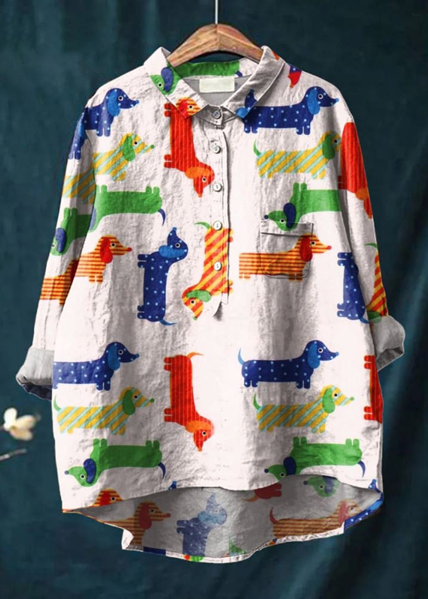 Women's Dog  Art Print Casual Cotton And Linen Shirt