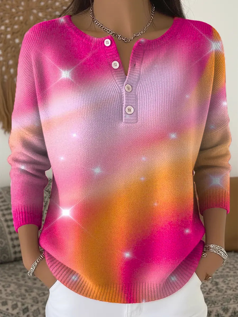 Women's Shiny Gradient Color Art Print Buttoned Cardigan Sweater