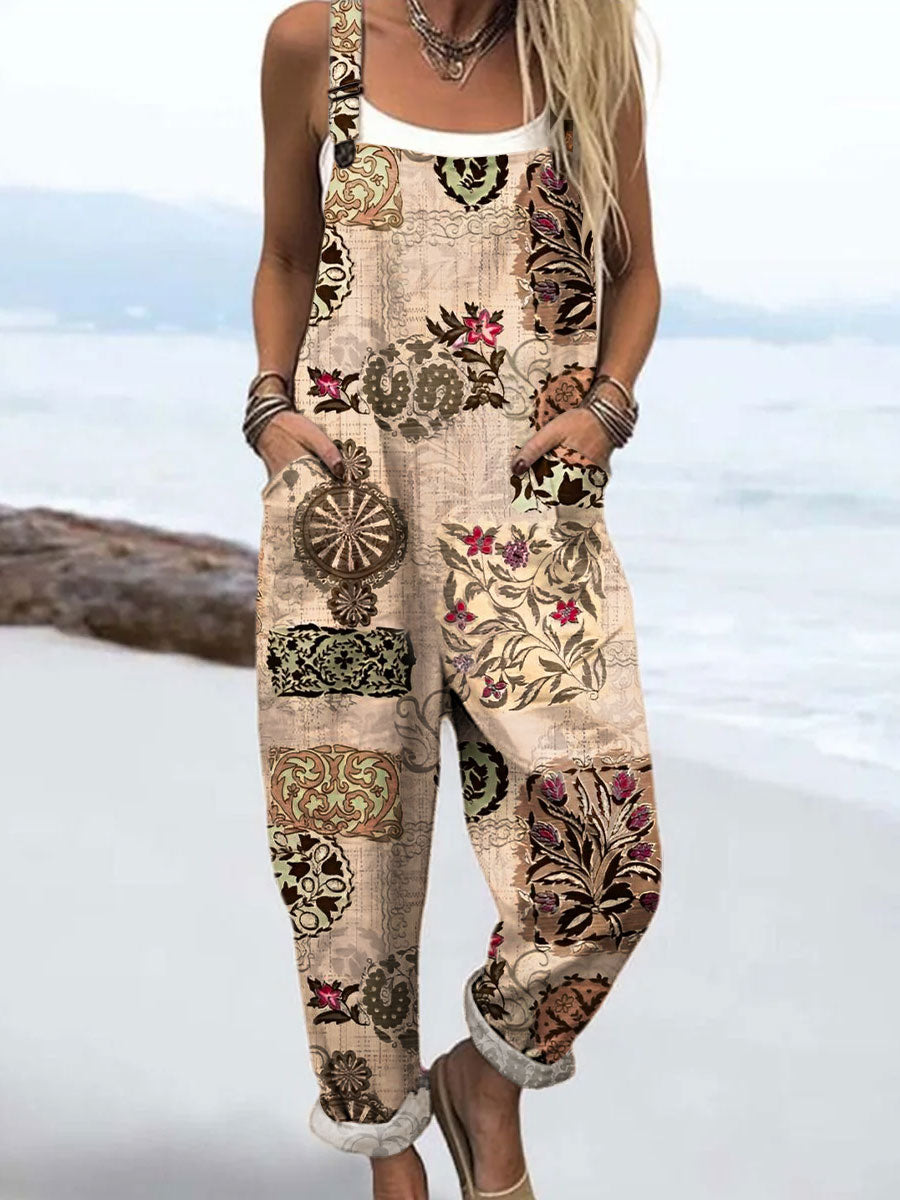 Women's Vintage Flower Art Print Casual 100% Cotton Wide Leg Jumpsuit