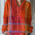 Women's Vintage  Abstract Geometry Art Print Casual Cotton And Linen Ruffle Shirt