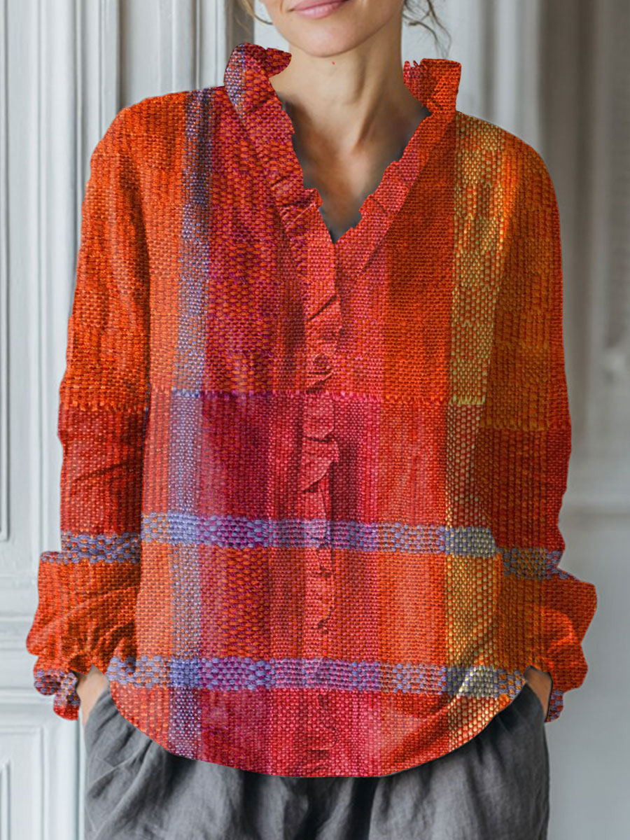 Women's Vintage  Abstract Geometry Art Print Casual Cotton And Linen Ruffle Shirt