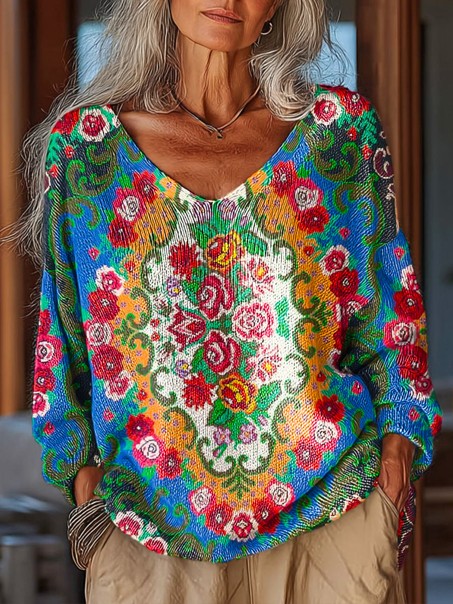 Women's Vintage Ethnic Beautiful Floral Painting Art Print Casual Pullover Sweater