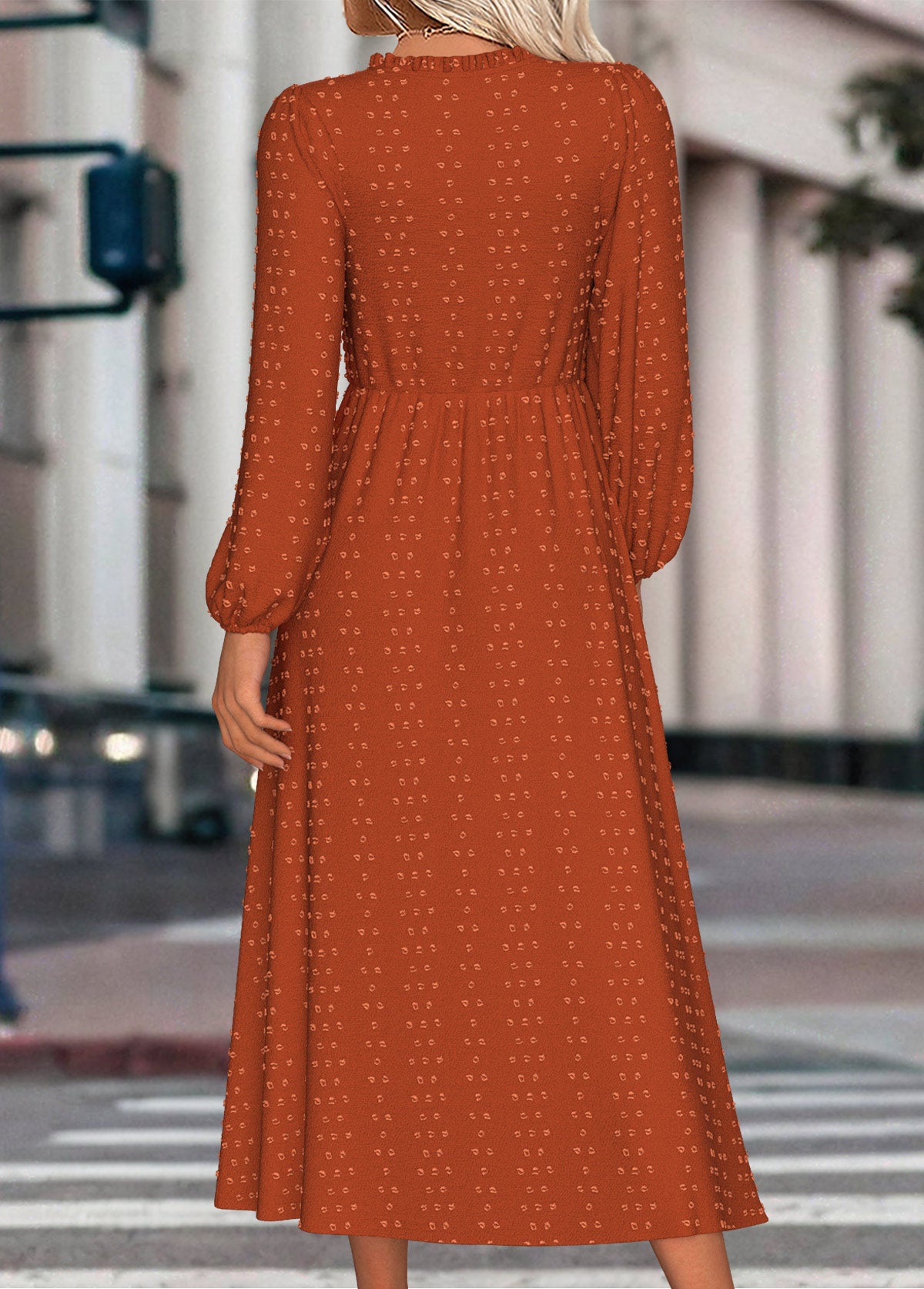 Terracotta Tummy Coverage Long Sleeve Round Neck Dress