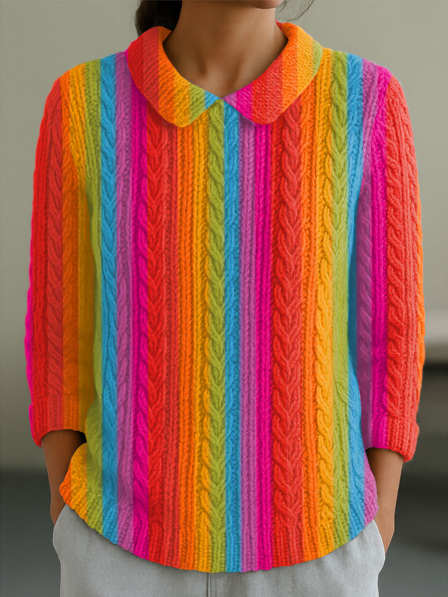 Women's Vintage Abstract Geometric Art Print Casual Peter Pan Collar 3/4 Sleeve Sweater