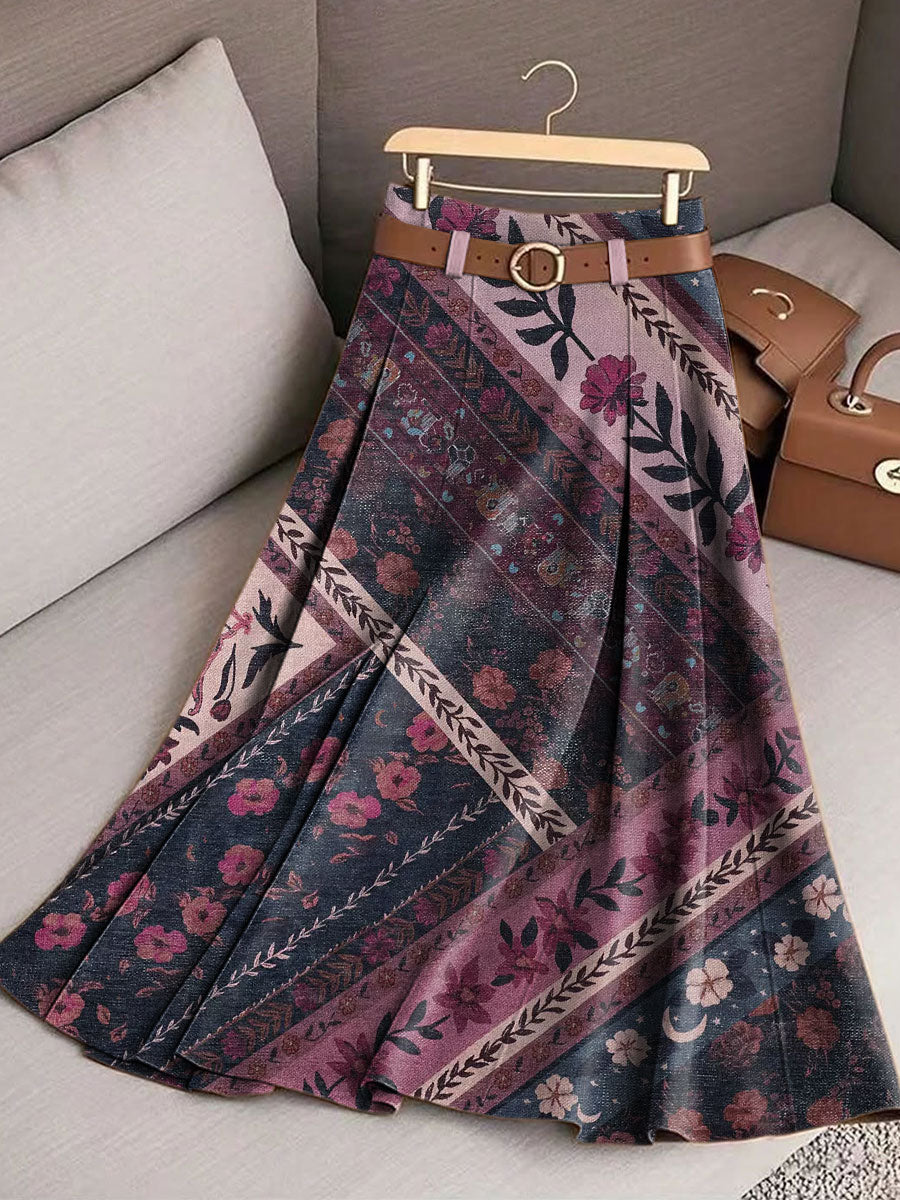 Women's Retro Splicing Flowers Pattern Casual Print Cotton Skirt