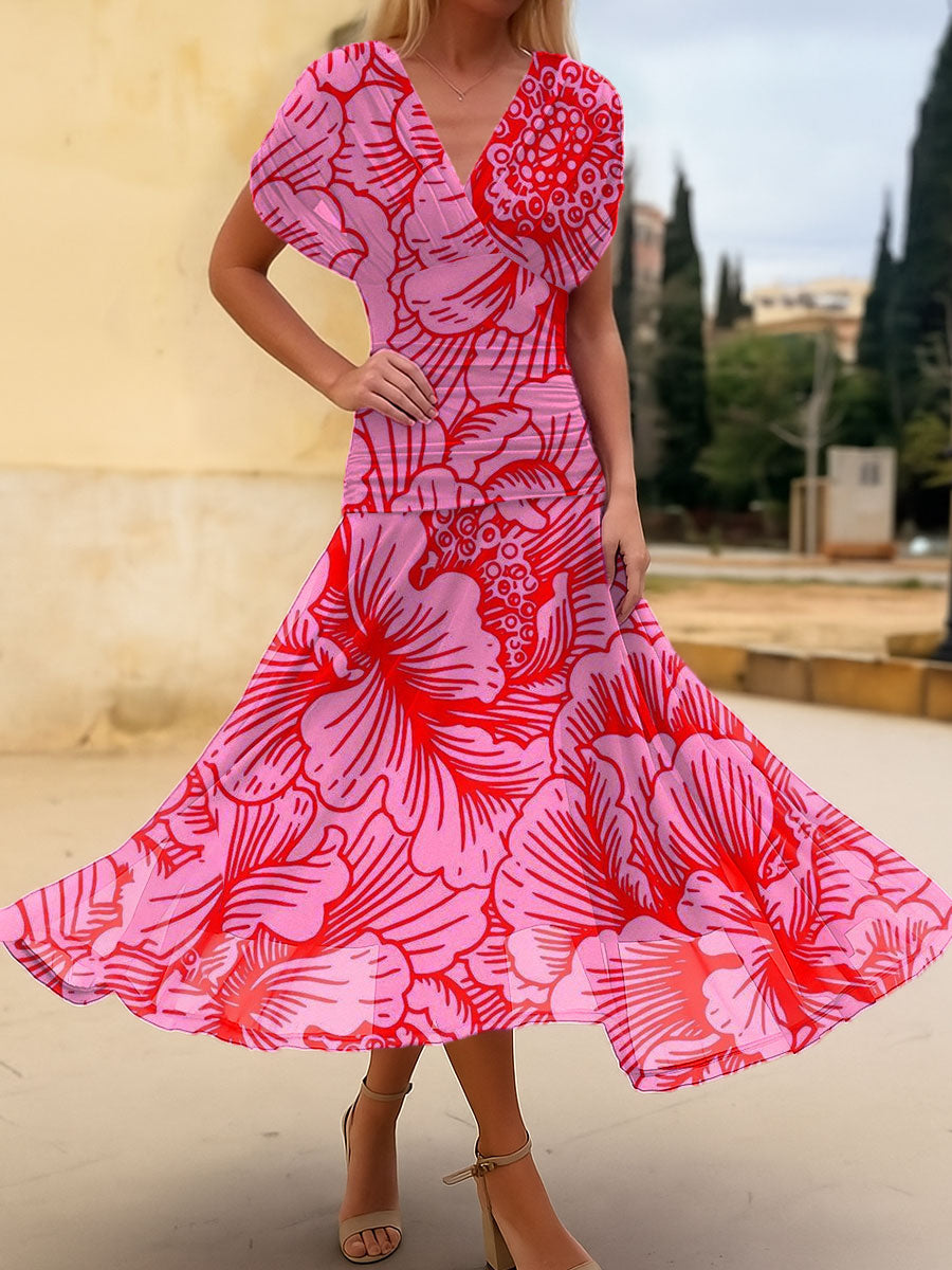 Women's Vintage Flower Art Print  Flowy Casual Dress