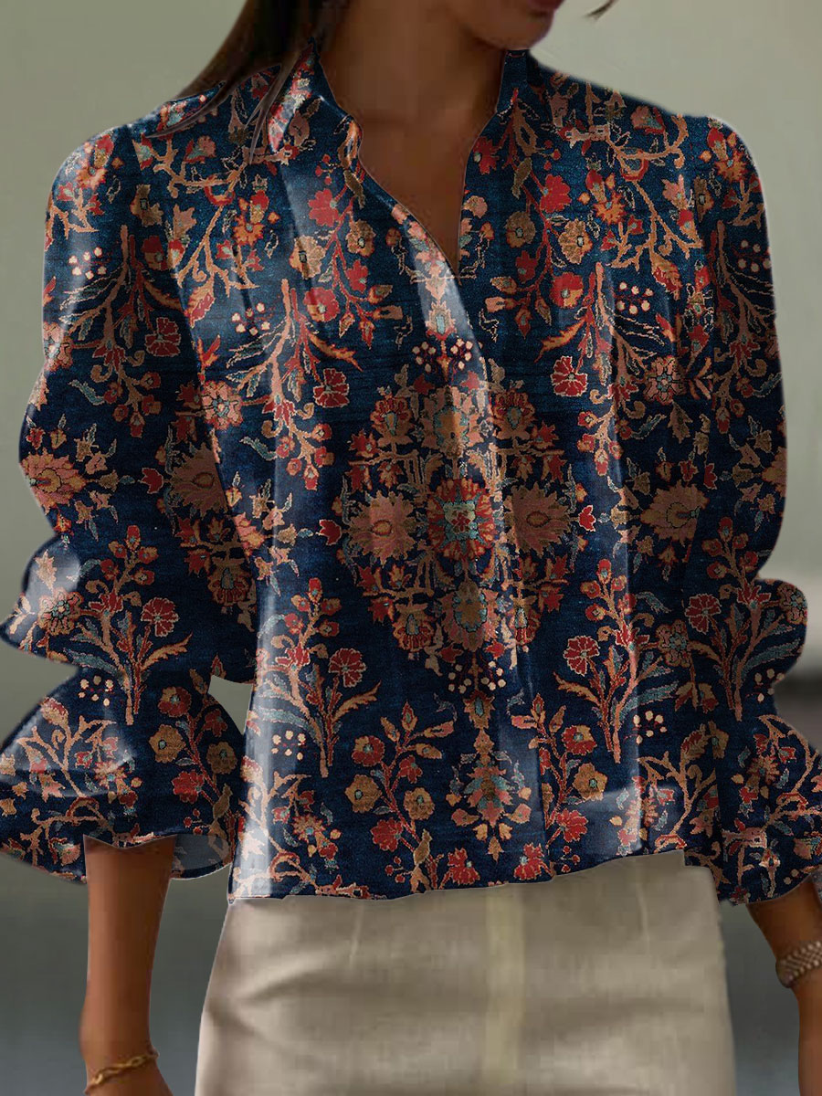 Women's  Vintage Flower Art Print Casual  Cotton And Linen Shirt