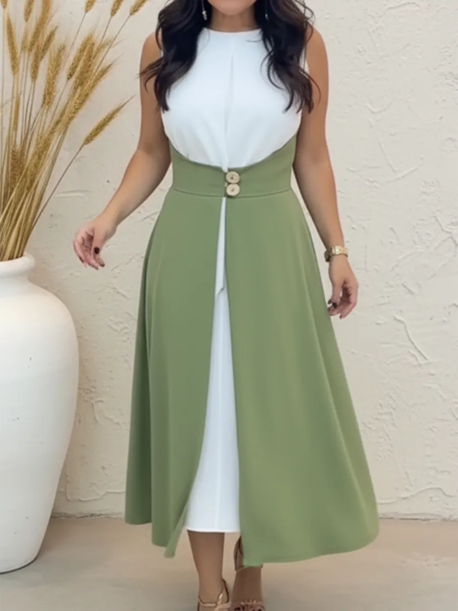 Elegant and fashionable fake two-piece color-blocked midi dress