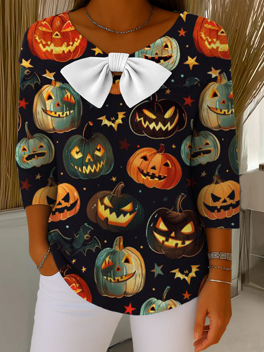 Halloween Pumpkin Contrasting Colors Print Buttoned Cardigan Sweater
