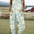 Women's  Bee Vintage  Flowers Art  Print Casual 100% Cotton Wide Leg Jumpsuit