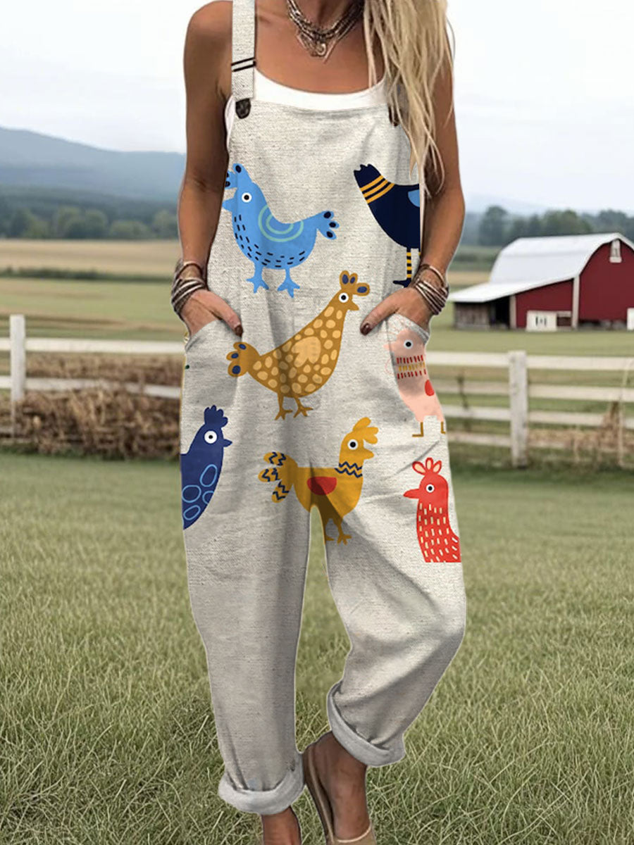 Women's  Funny Chicken Art Print Casual 100% Cotton Wide Leg Jumpsuit