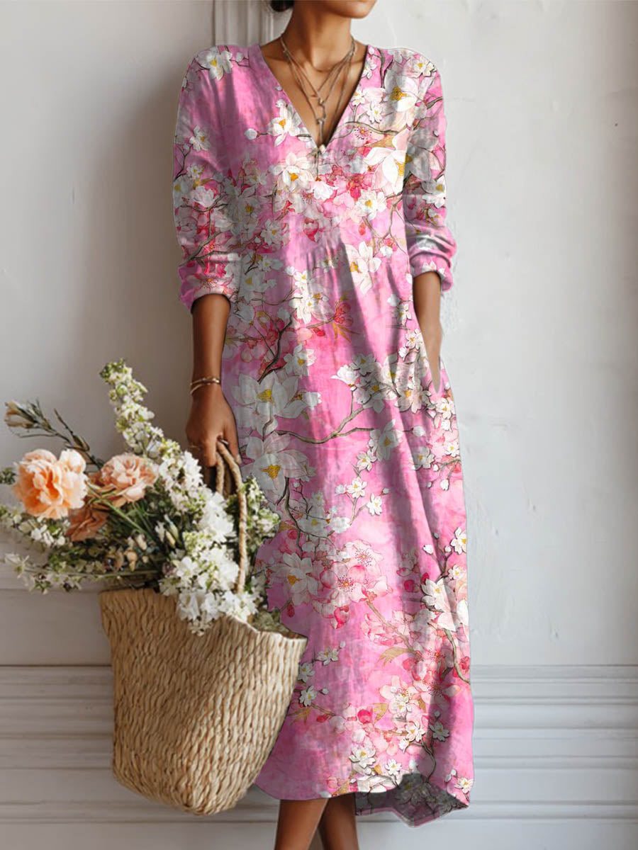 Women's Vintage Floral Art Print Cotton And Linen Pocket Dress