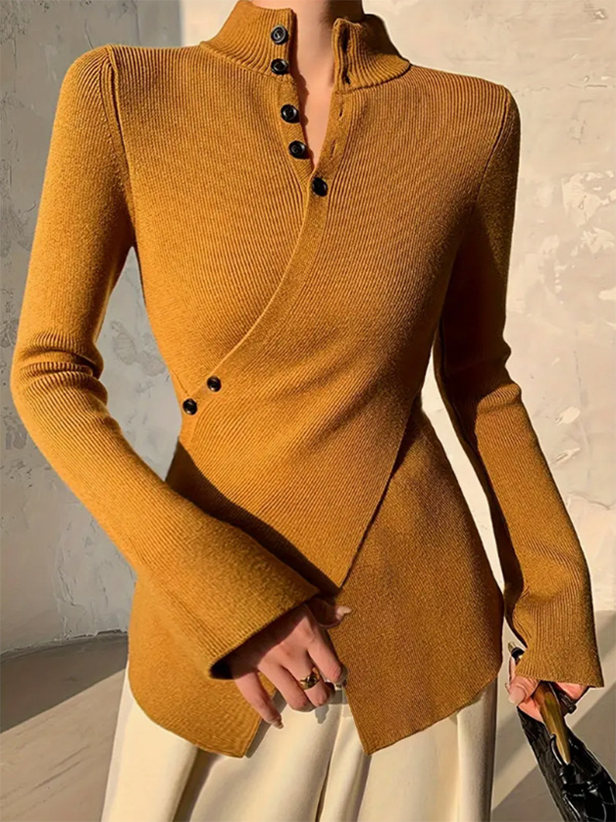 stand-collar-cross-button-sweater-top