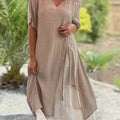 Women's Solid Color Casual Loose Elegant V-neck Asymmetrical Cotton And Linen Dress