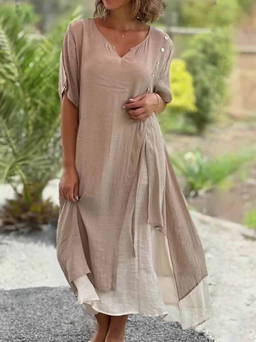 Women's Solid Color Casual Loose Elegant V-neck Asymmetrical Cotton And Linen Dress