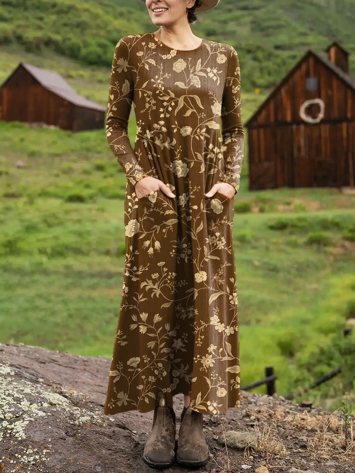 Women's Retro Floral Art Print Long-sleeved Dress