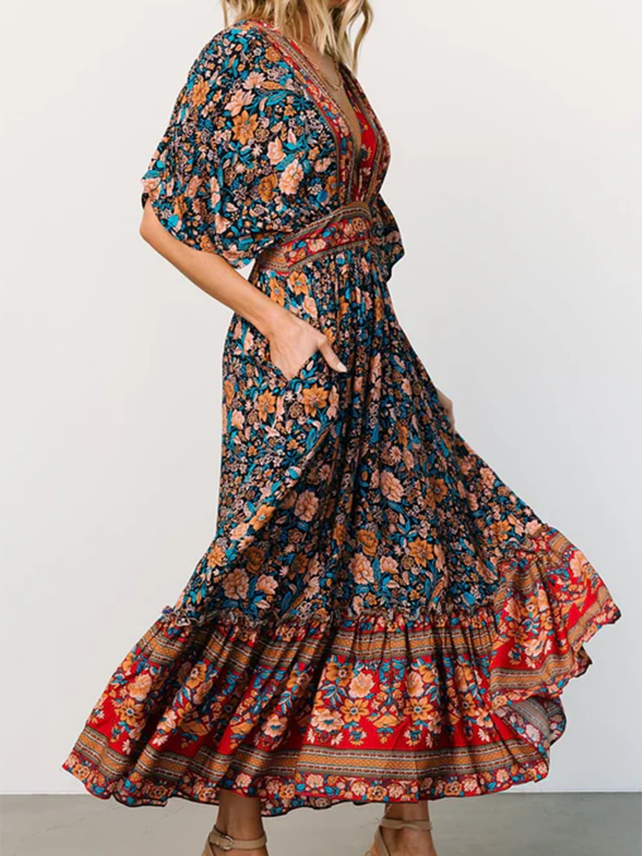 Women's Boho Floral Print V-Neck Dress