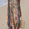 Women's Abstract Geometric Pattern Art Print Sleeveless Cotton Pocket Wrap Dress