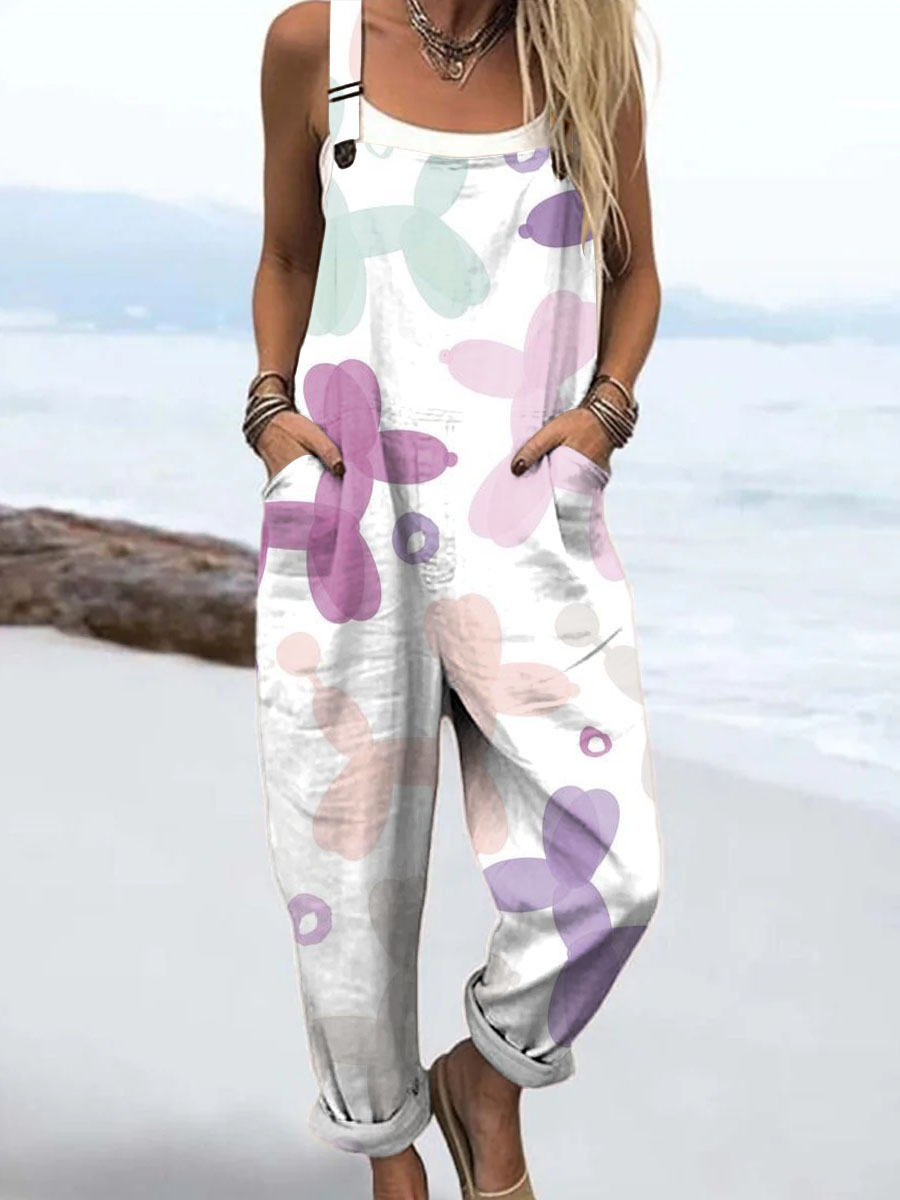 Women's Art Balloon Puppy Print Casual 100% Cotton Wide Leg Jumpsuit