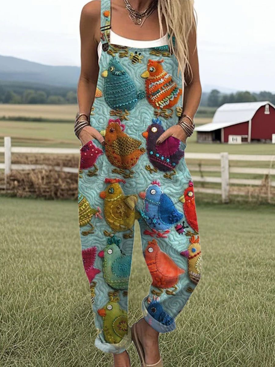 Women's Funny Chick Art Print Casual 100% Cotton Wide Leg Jumpsuit