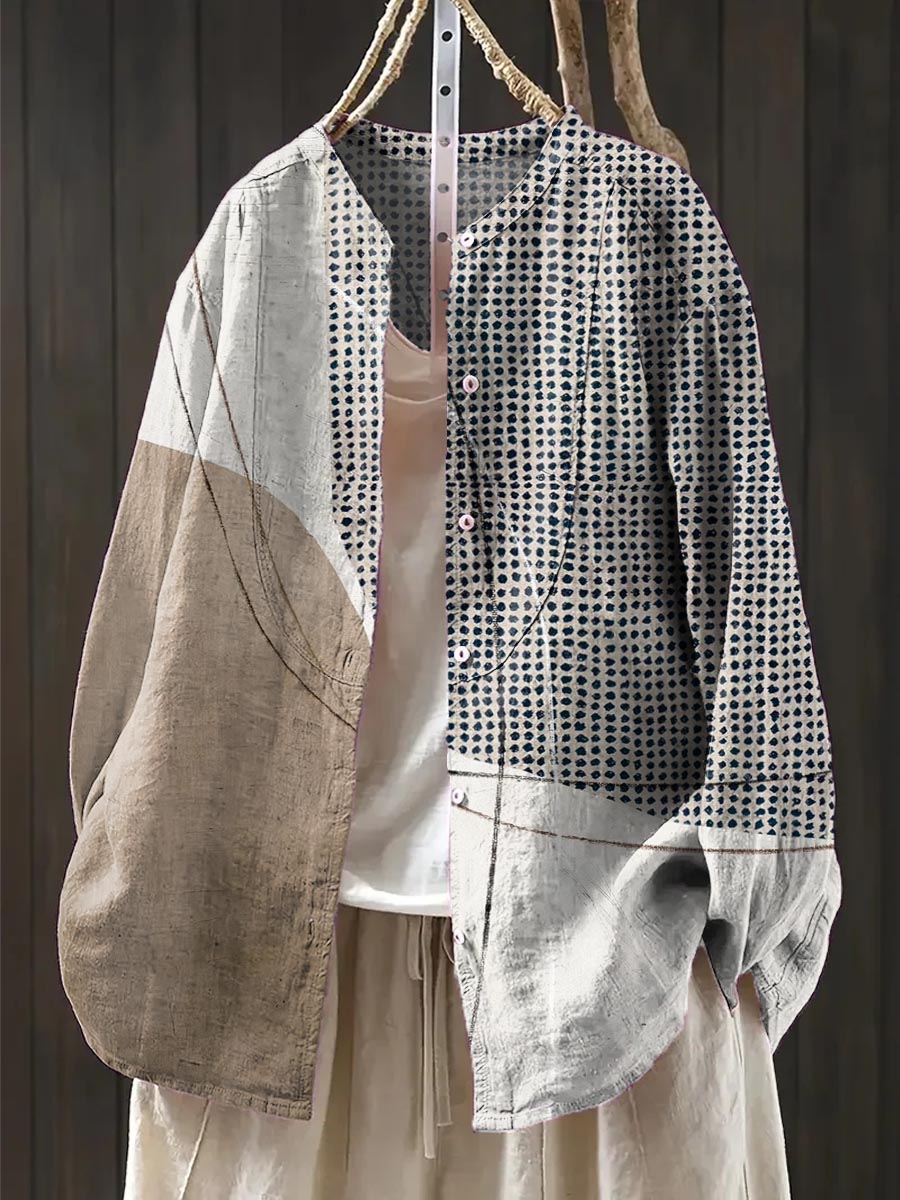 Women's Geometric Pattern Art Print Casual Cotton And Linen Shirt