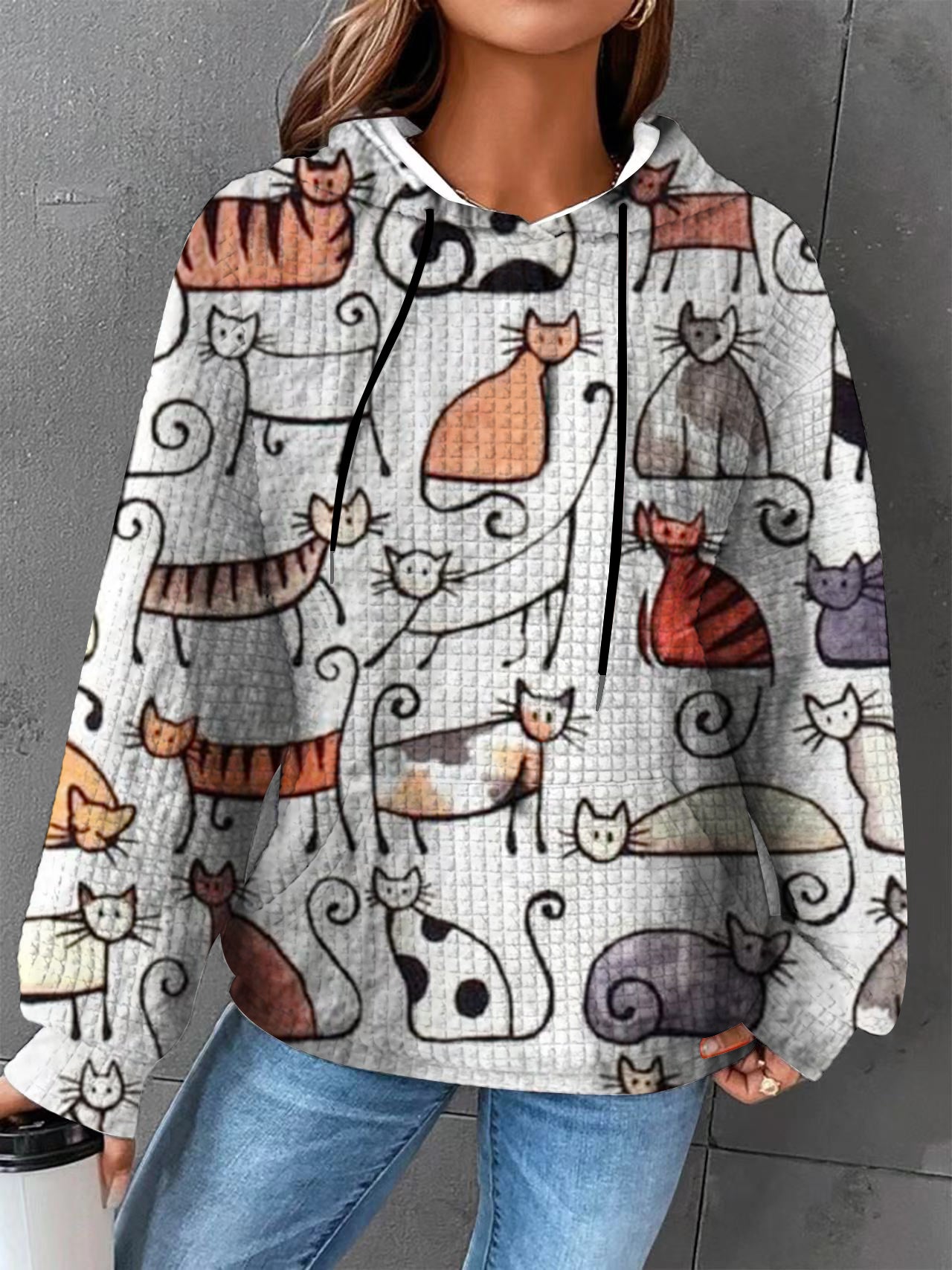 Plus size Autumn/Winter Women's Waffle Essential Creative Printed Long Sleeve Hooded Sweatshirt