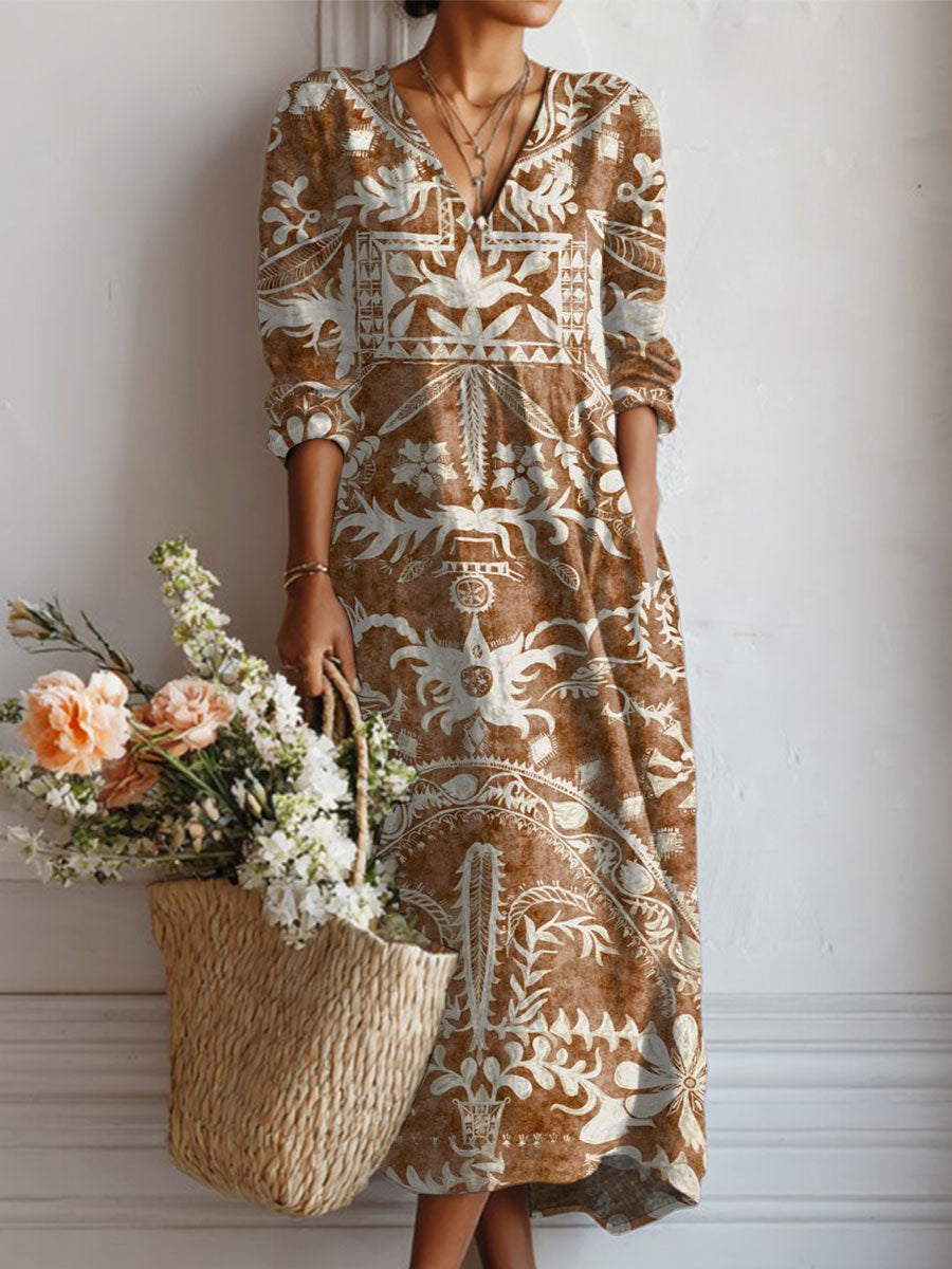 Women's Vintage Flower Art Print Linen Pocket Dress