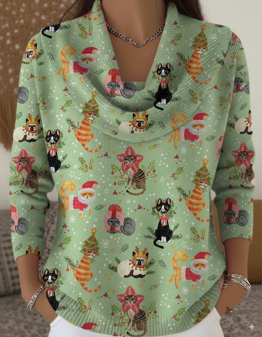 Women's Vintage Christmas Cat Print Sweater Top