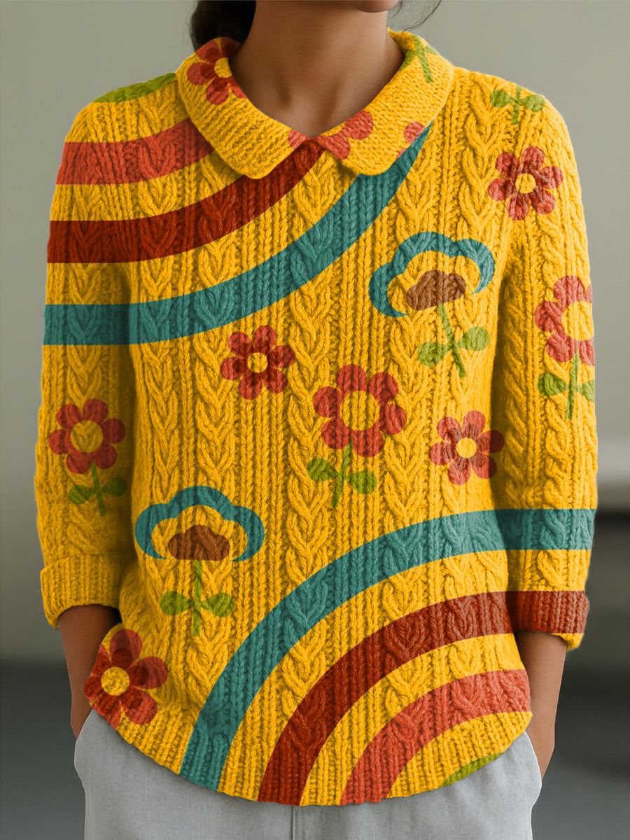 womens-vintage-floral-stripe-painting-art-print-casual-peter-pan-collar-3-4-sleeve-sweater