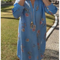 Women's Floral Print Cotton and Linen Long Sleeve Dress