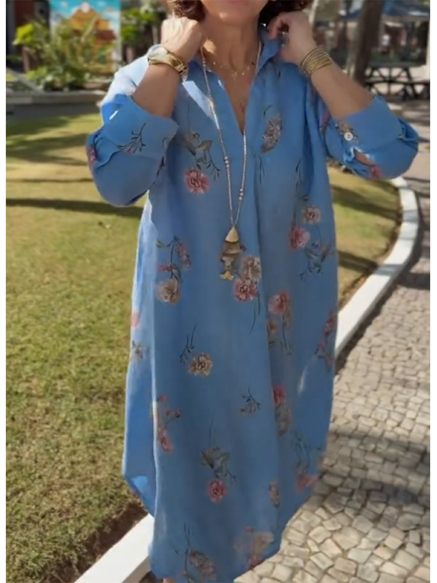 Women's Floral Print Cotton and Linen Long Sleeve Dress