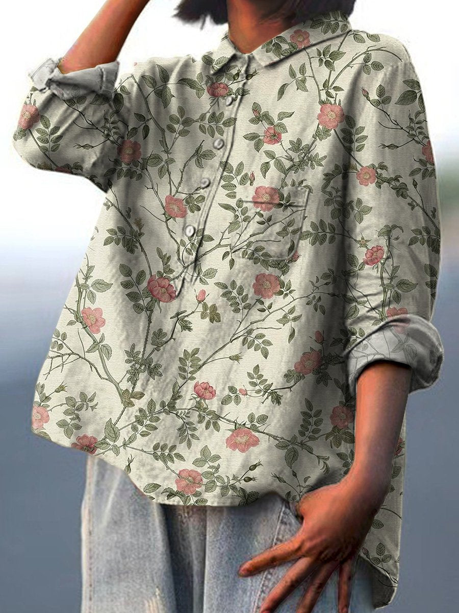 Vintage Style Pink Floral Repeat Pattern Printed Women's Casual Cotton And Linen Shirt