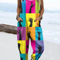 Women's Abstract Hands Pattern Art Print Casual 100% Cotton Wide Leg Jumpsuit