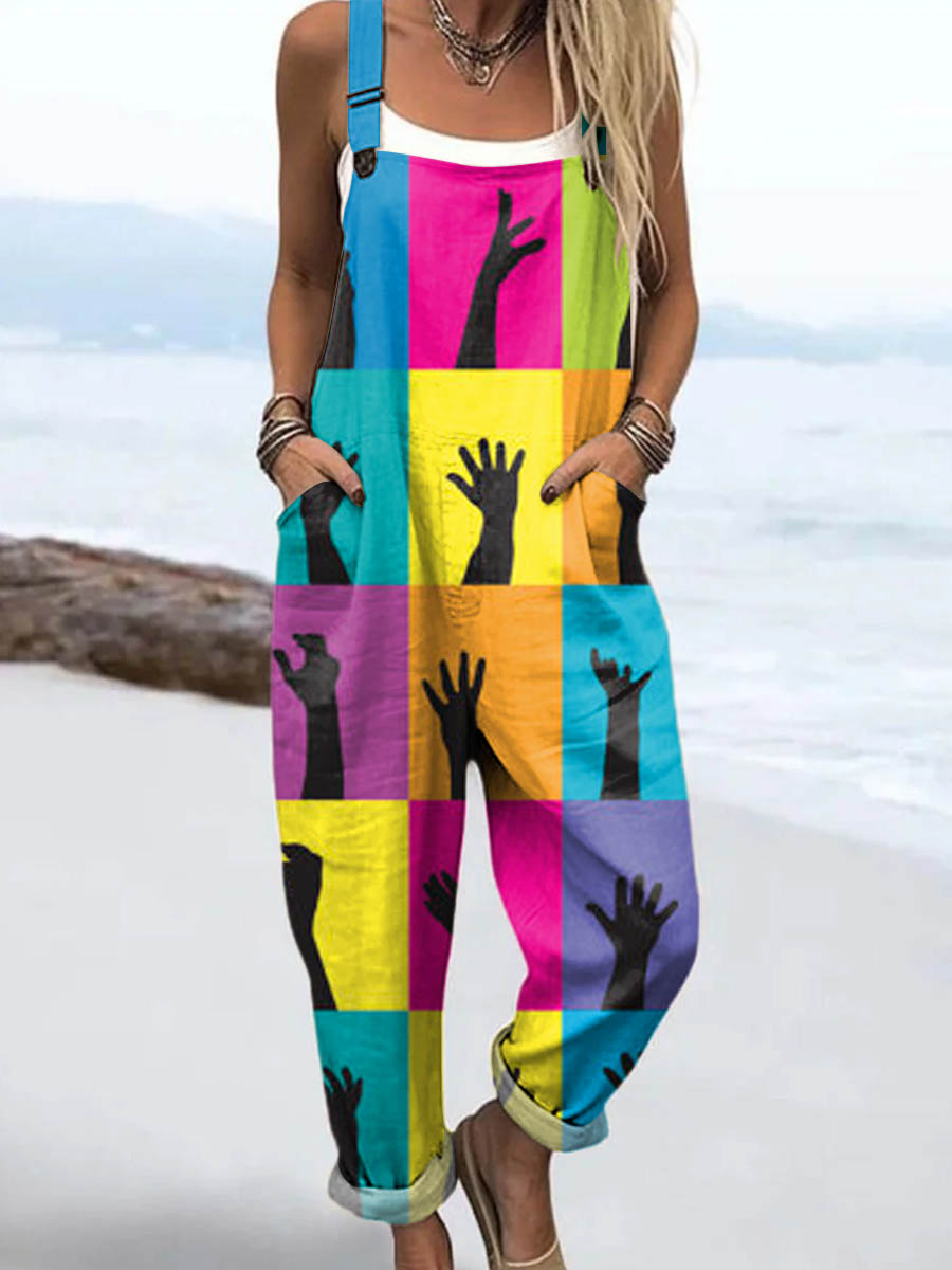Women's Abstract Hands Pattern Art Print Casual 100% Cotton Wide Leg Jumpsuit