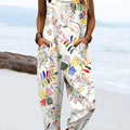 Women's Vintage Abstract Geometric Flower Art Print Casual 100% Cotton Wide Leg Jumpsuit