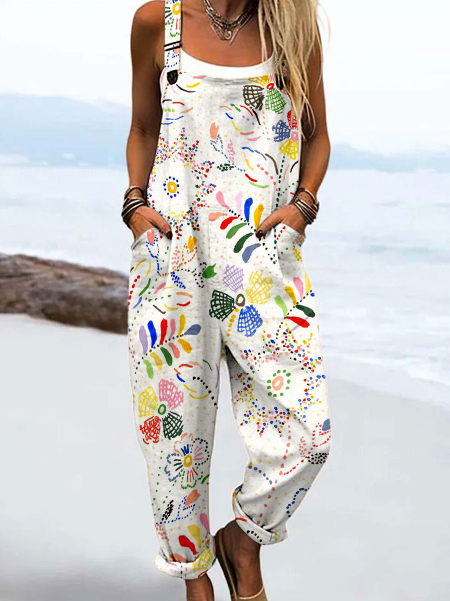 Women's Vintage Abstract Geometric Flower Art Print Casual 100% Cotton Wide Leg Jumpsuit