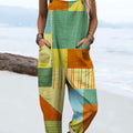 Women's Colorful Abstract Stripes Geometric Block Art Print Casual 100% Cotton Wide Leg Jumpsuit