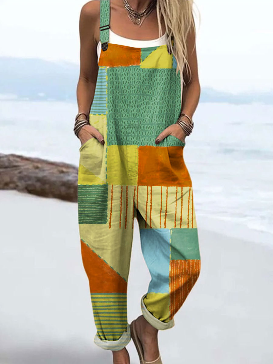 Women's Colorful Abstract Stripes Geometric Block Art Print Casual 100% Cotton Wide Leg Jumpsuit