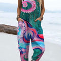 Women's  Retro Colored Octopus Art Print Casual 100% Cotton Wide Leg Jumpsuit