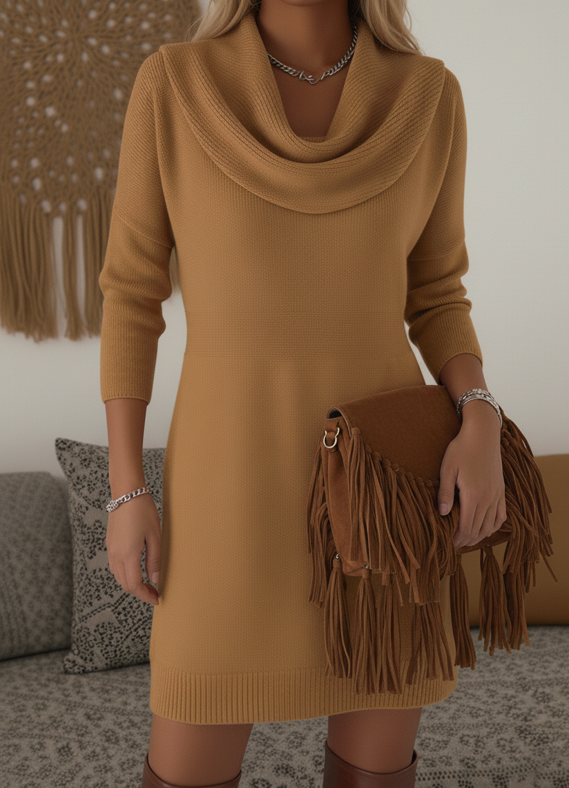 Elegant and Soft Solid Color Cowl Neck Knit Dress