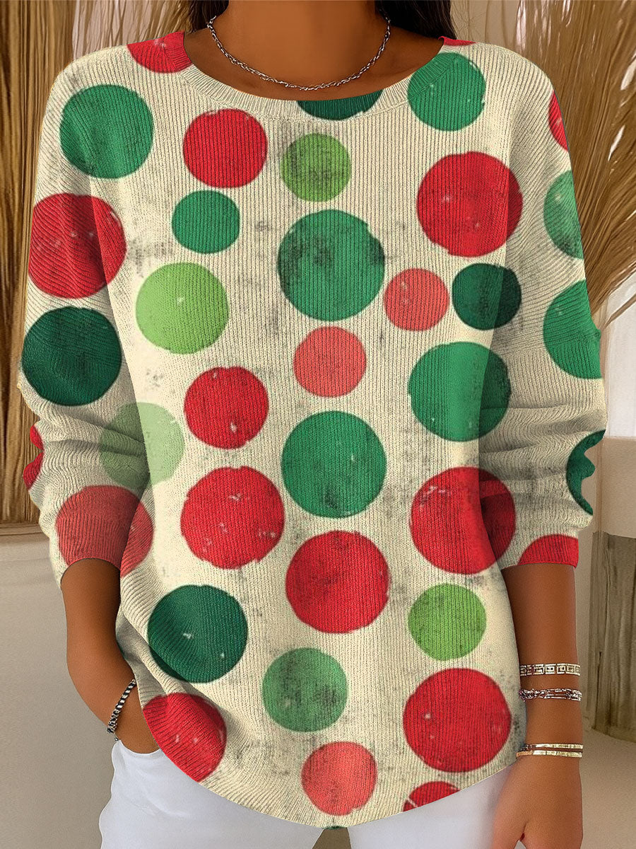 Women's Vintage Christmas Colors Circle Pattern Art Print Casual Pullover Sweater