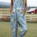 Women's Lovely Floral Bees Art Print Casual 100% Cotton Wide Leg Jumpsuit