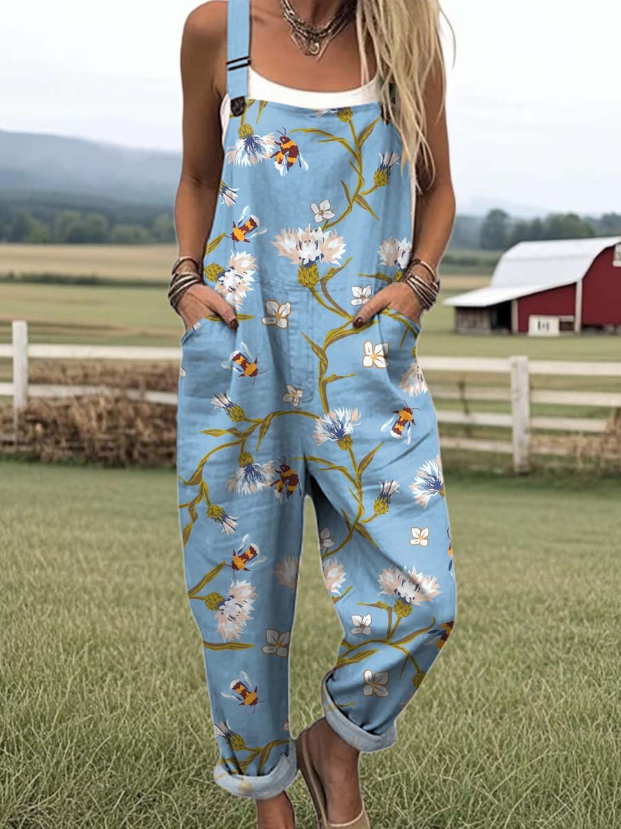 Women's Lovely Floral Bees Art Print Casual 100% Cotton Wide Leg Jumpsuit