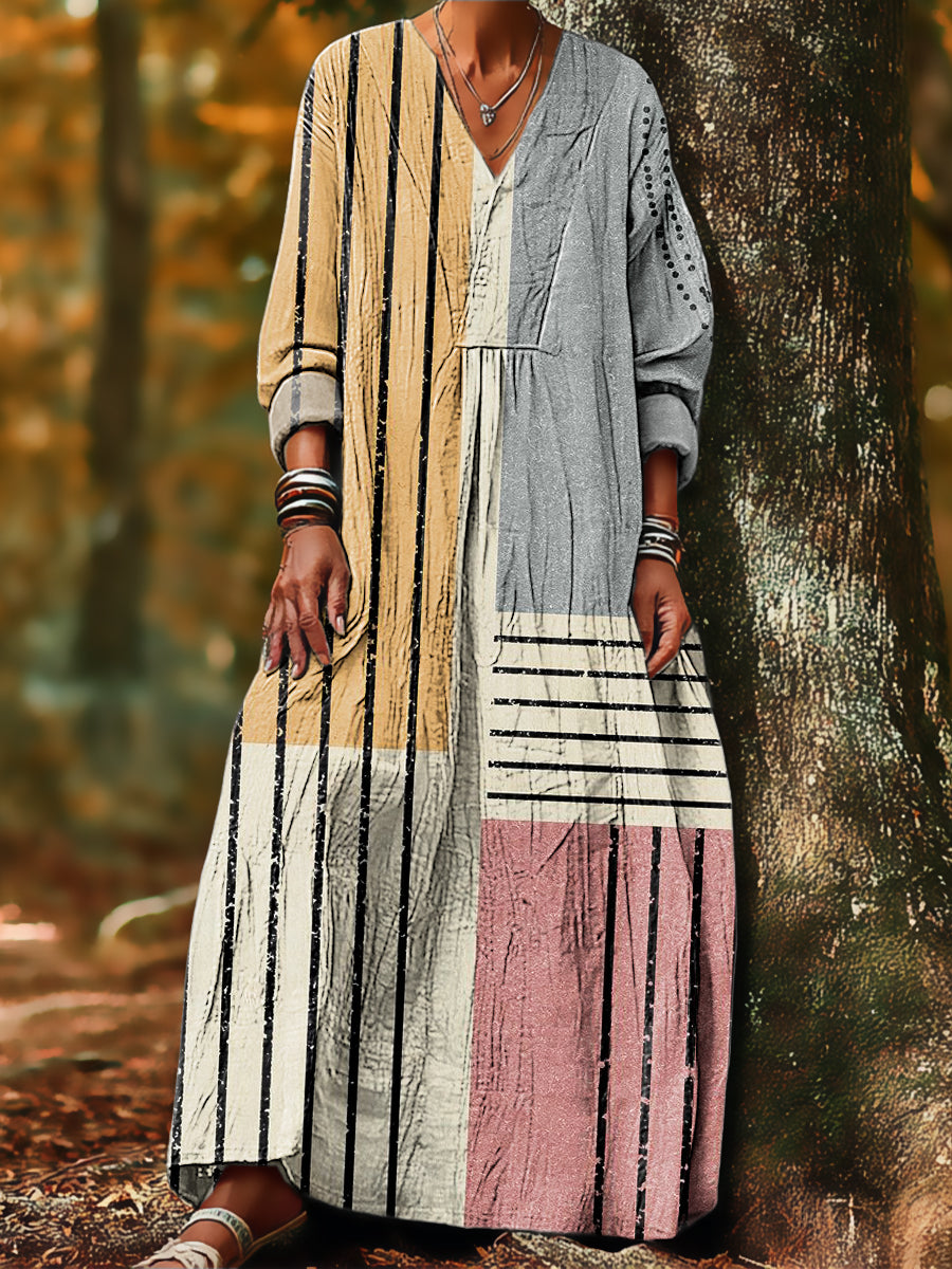 Women's Vintage Abstract Geometric Stripe Painting Art Print Dress